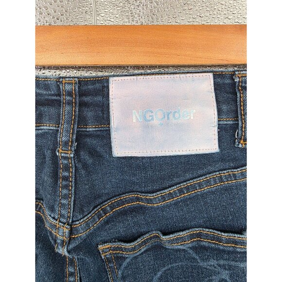 Dolls Kill NGOrder Low Rise Flare Jeans Angel Print Bootcut Size 6 Blue Denim - Picture 5 of 10